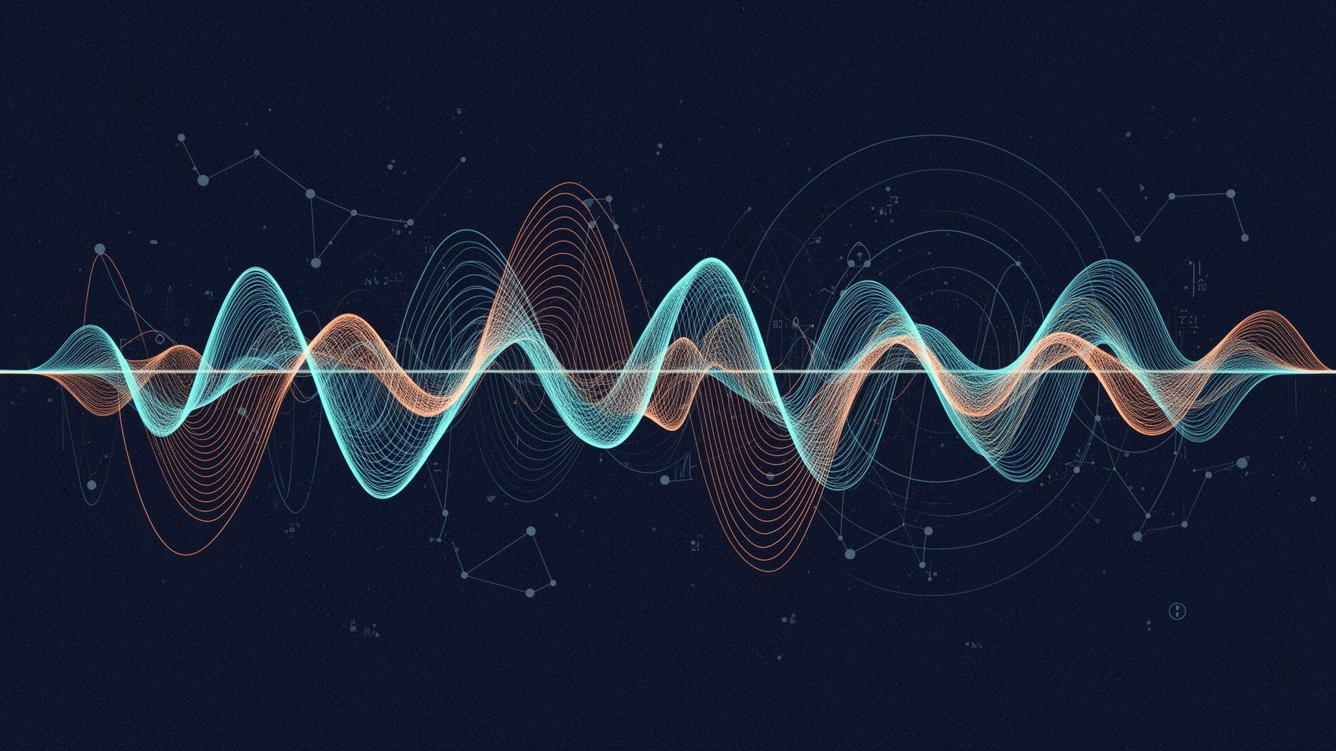 Abstract data visualization of layered heart-rate-variability and breath waveforms in coherence — the physiological signature trained by the protocol.